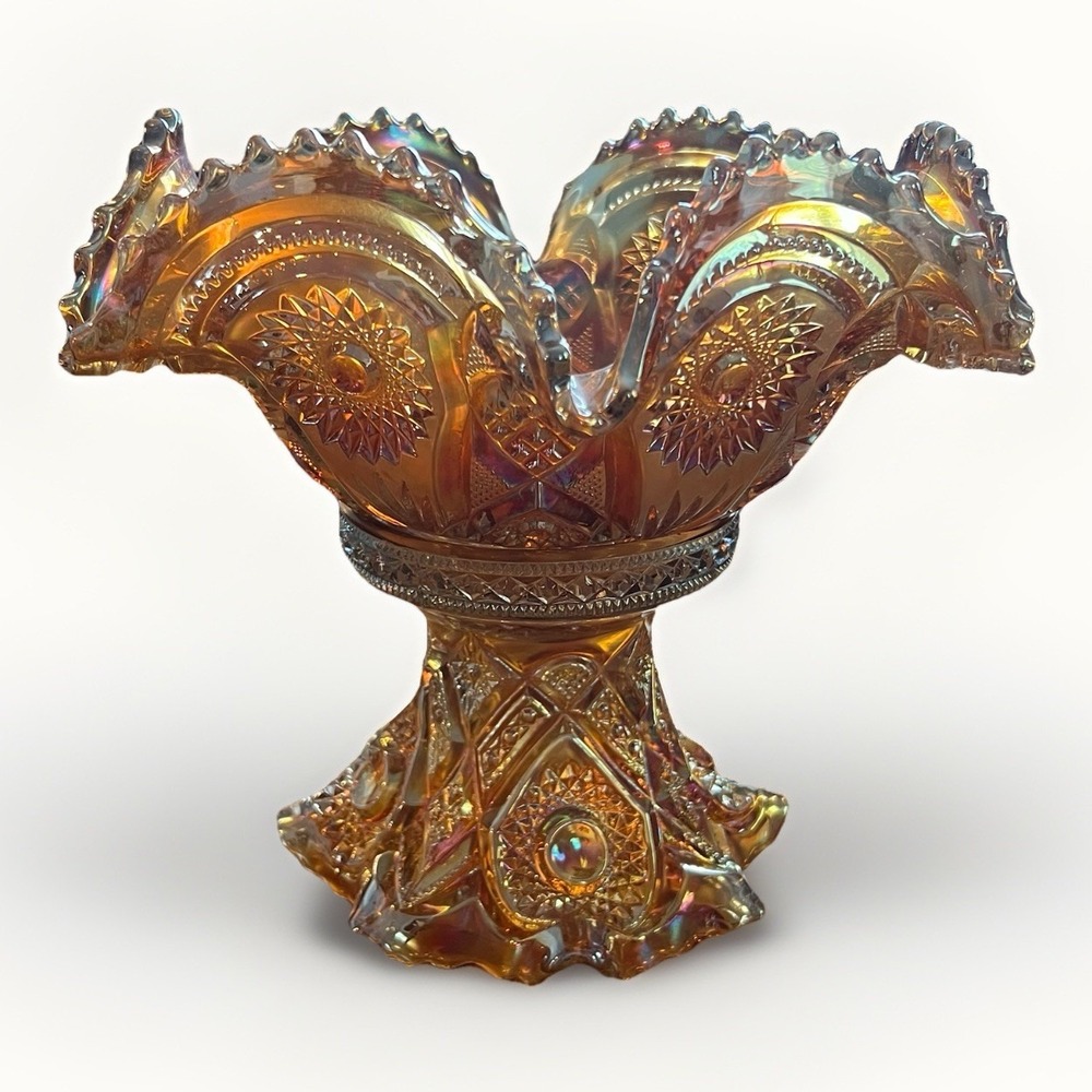 Vintage Marigold‎ Carnival Glass Pedestal Punch Fruit Bowl Ruffled Iridescent